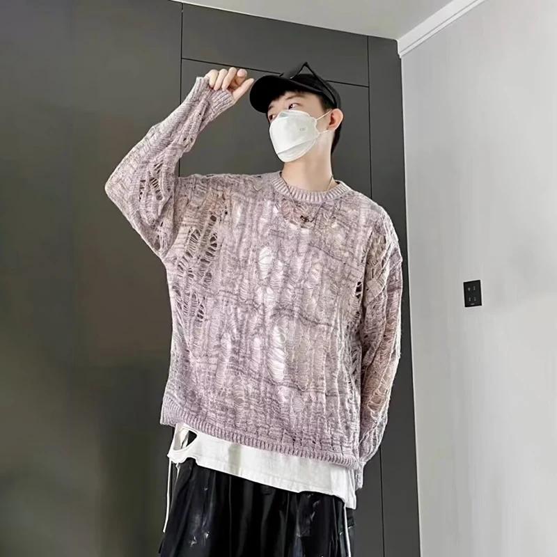 Vintage déchiré évider maille tricot pull hommes automne Streetwear mode col rond à manches longues