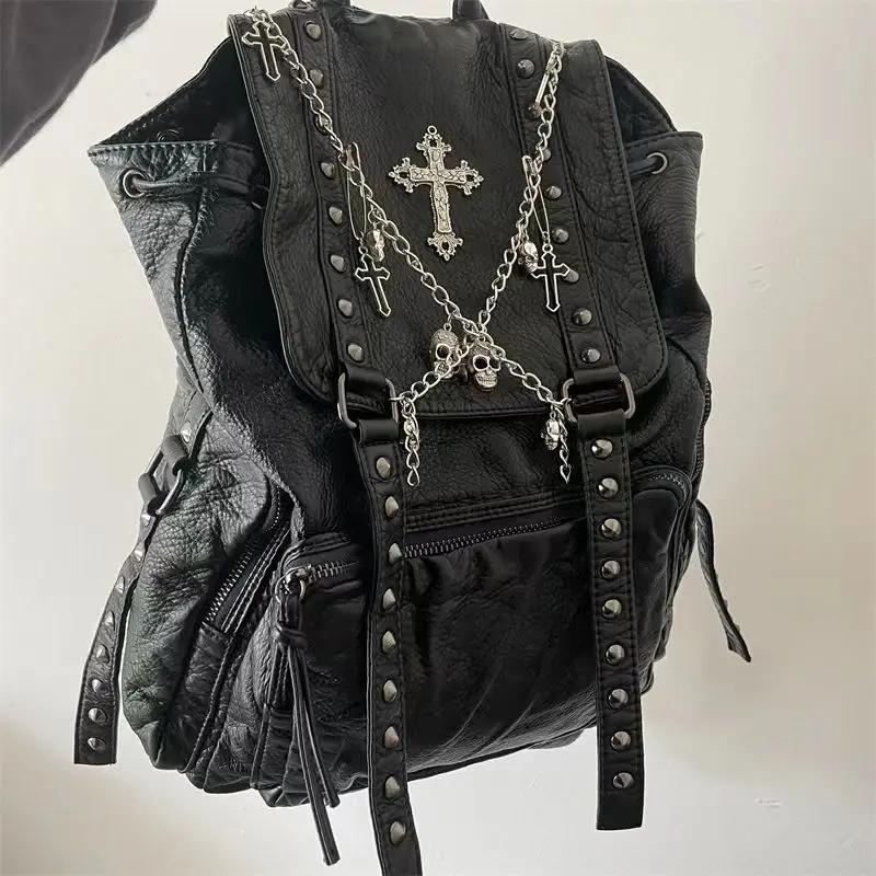 Grunge Rivet noir Y2k sac à dos femmes gothique sous-culture Punk croix noir Mochila dames Vintage H
