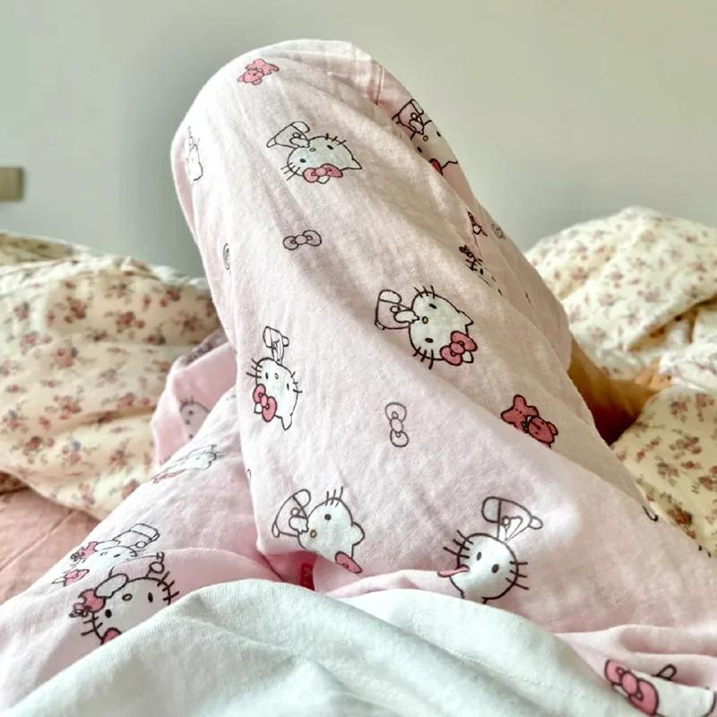 Pantalon de pyjama d'été Sanrio HelloKitty pour femme, motif chaton mignon, coupe ample et fine, tai
