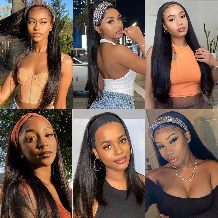 Perruque Brésilienne Naturelle Remy Cheveux Lisses Sans Colle, Faite à la Machine, pour Femme Noire
