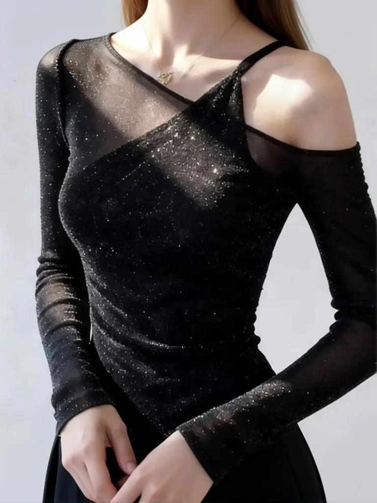 Nouveau haut de créateur pour femme, effet deux pièces, à sequins brillants, manches longues, épaule