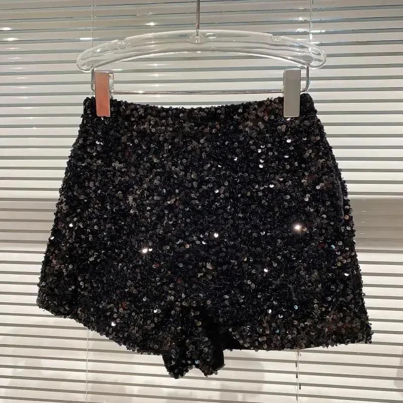 Short en Velours Noir pour Femme, Pantalon Court Polyvalent Brcorporelle à Paillettes, Nouvelle Coll