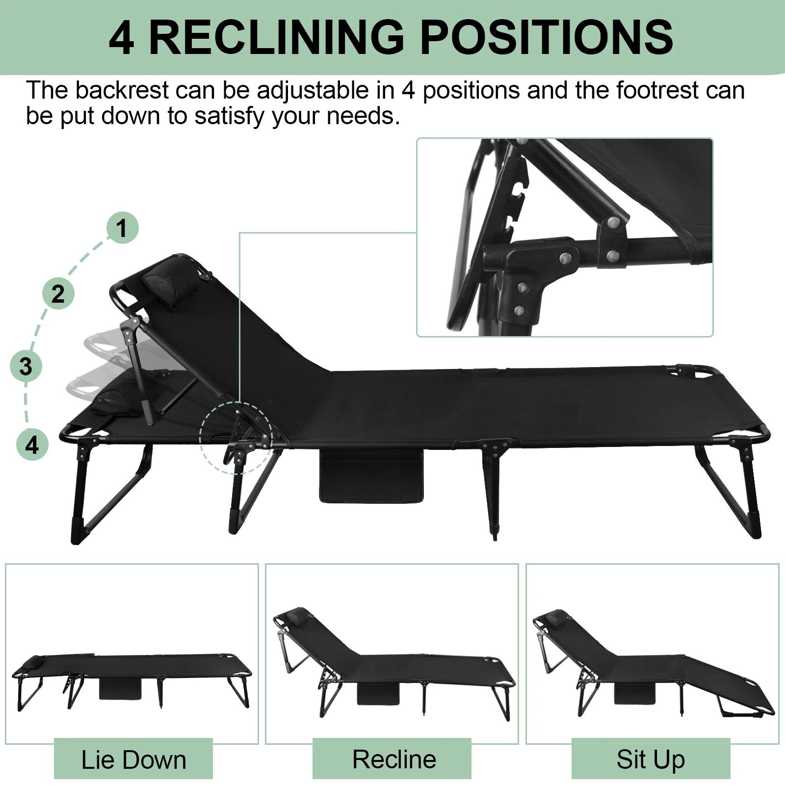 Lit de camping pliant portable – Chaise longue inclinable réglable à 3 positions avec oreiller, lit