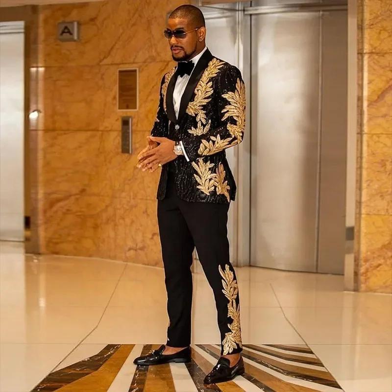 Ensemble de costume tendance pour hommes, avec des appliques de paillettes dorées, veste décontracté