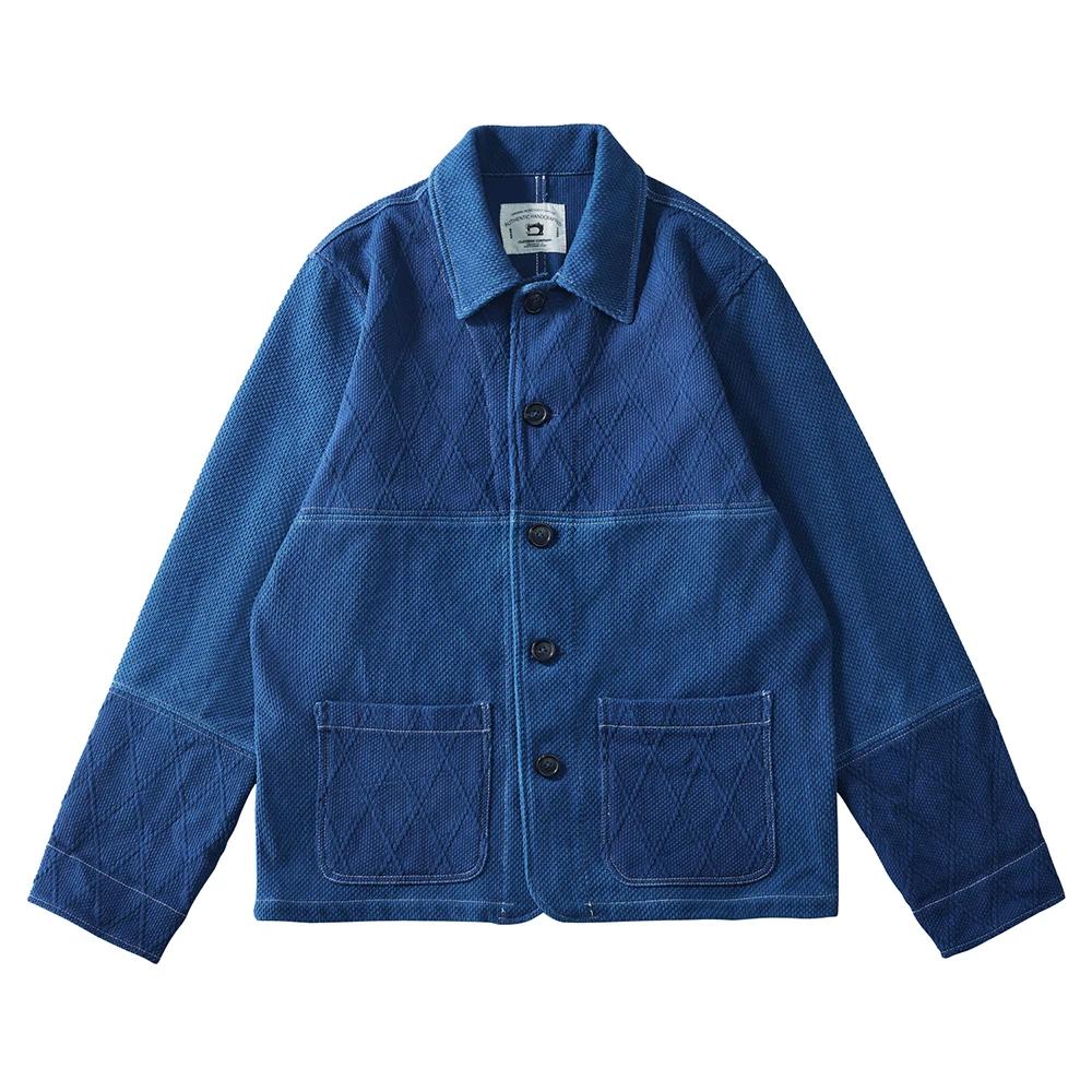 Vintage Indigo Veste Hommes Français Workwear Cargo Outillage Veste Automne Hiver Bleu Teint Kendo T