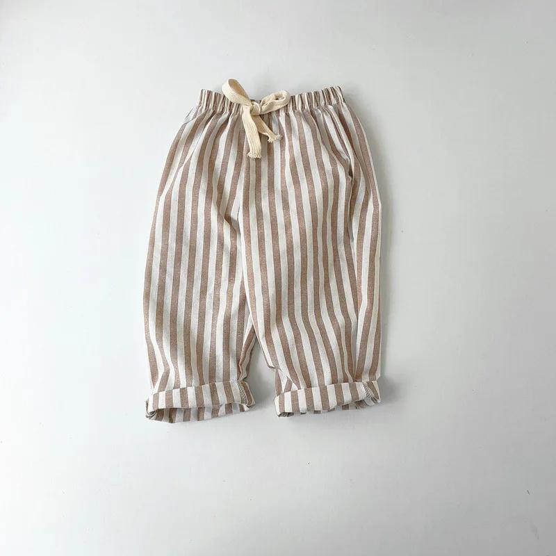 Pantalon à rayures en coton et lin pour garçon et fille, style décontracté, été automne
