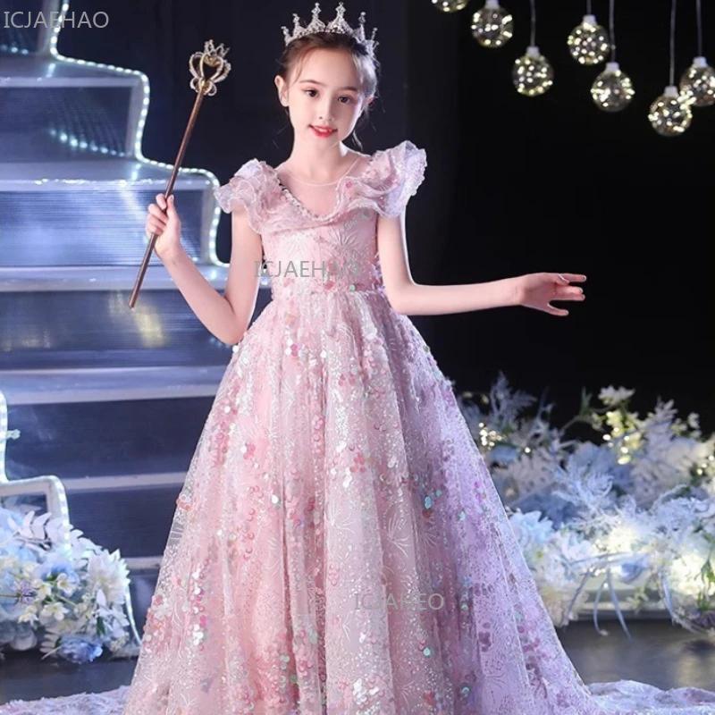 Robe de soirée élégante rose pour filles, style princesse avec traîne, pour petite fille, idéale pou