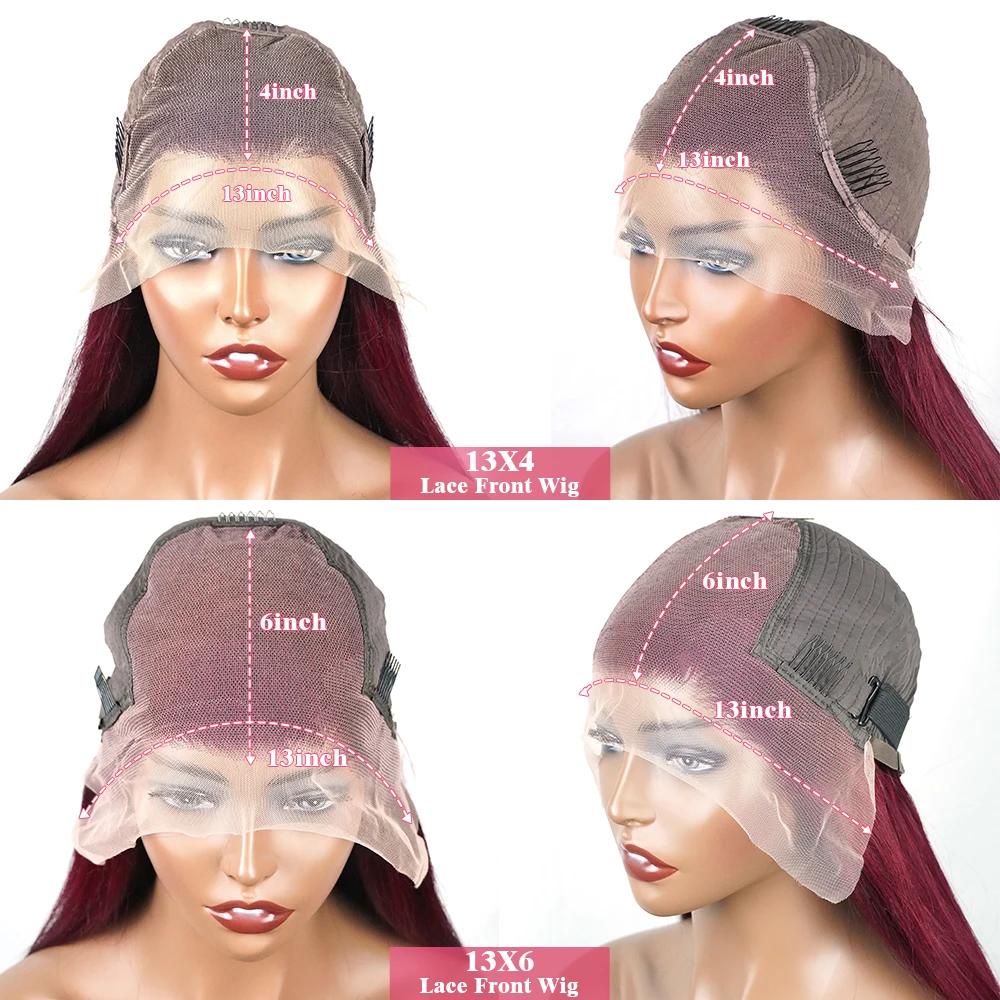 Perruque Lace Front Wig sans colle naturelle, cheveux lisses, rouge bordeaux 99J, 13x6, 13x4 HD, 30