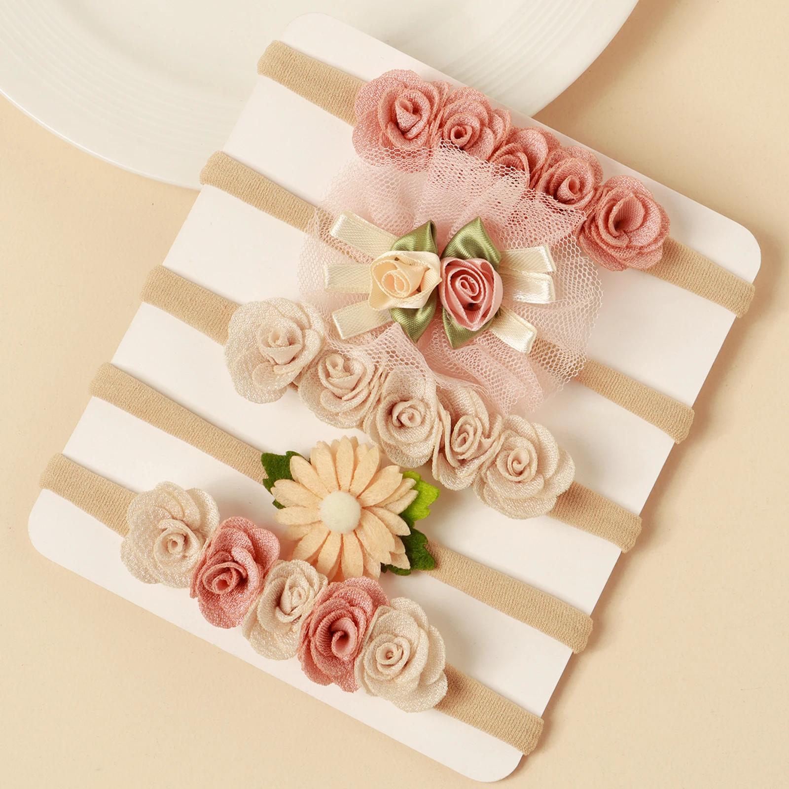 5 pièces rose dentelle Simulation fleurs cheveux accessoires pour nouveau-né fille épissage bandeau