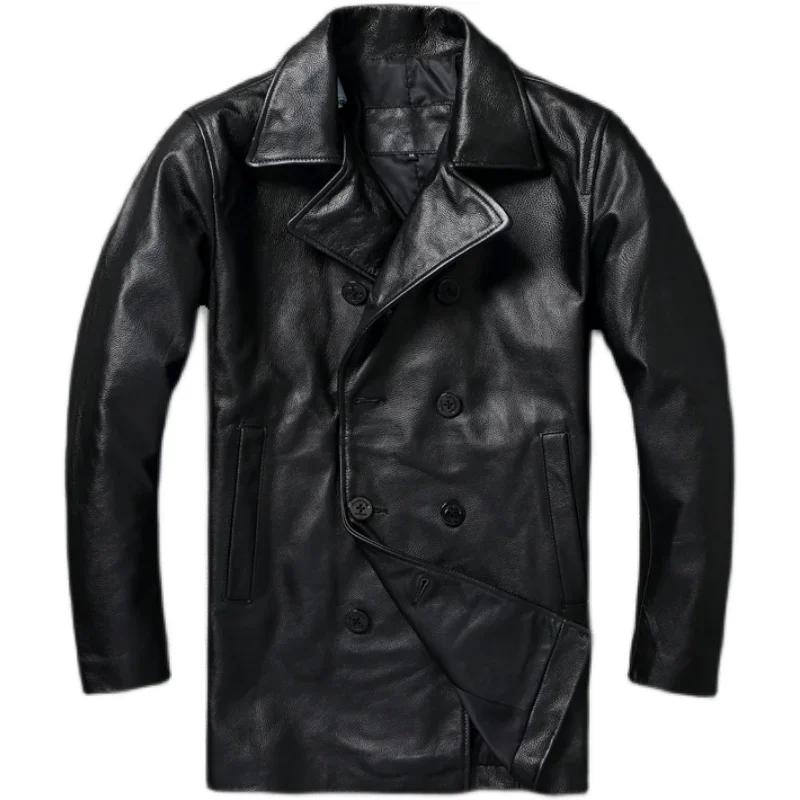 LNY Shop Top-Veste en cuir véritable pour homme, manteau d'affaires long en cuir de cercle noir, par