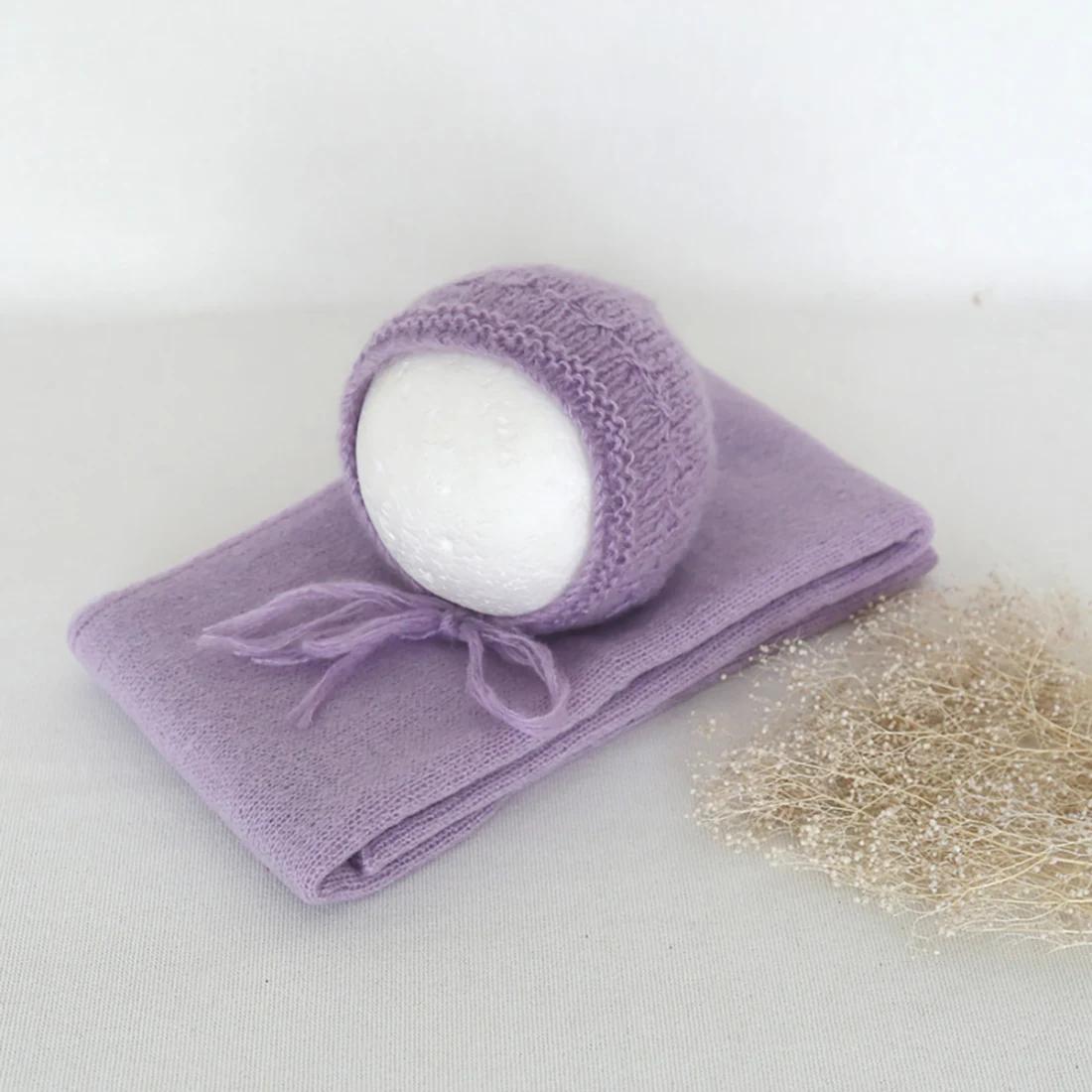 Ensemble vintage tricot bébé - Chapeau lapin et enveloppe mohair - Accessoire photo nouveau-né