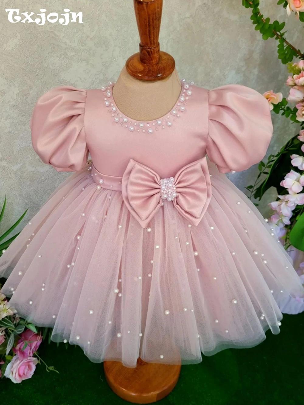 Robe rose à manches bouffantes et col rond pour fille, tenue de soirée de mariage, avec nœud brillan