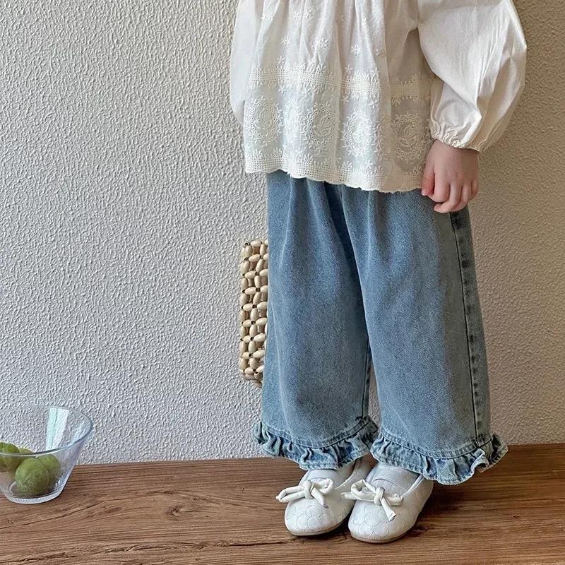 Jean jambes larges dentelle fille printemps automne 2024 - Pantalon décontracté doux adorable mode
