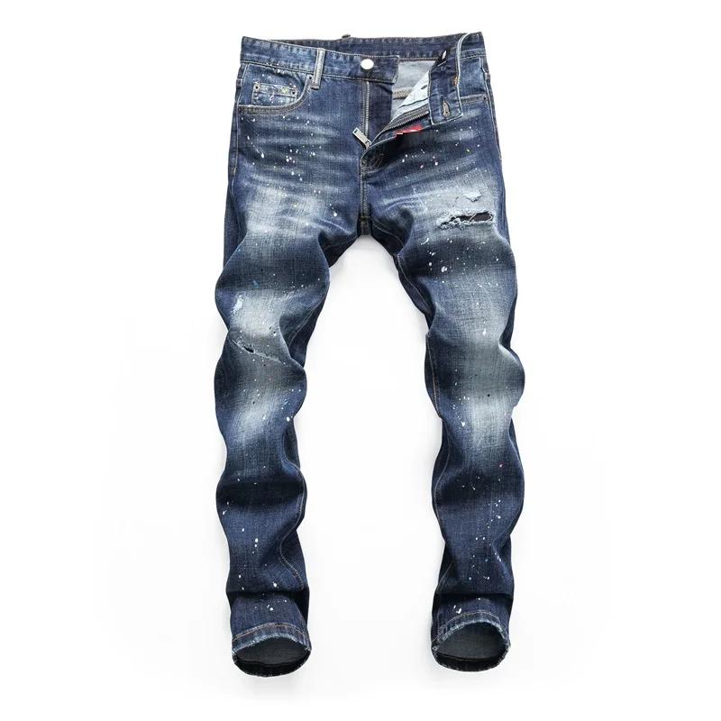 Haute qualité rue mode hommes jean rétro bleu élastique coupe ajustée déchiré jean hommes broderie c