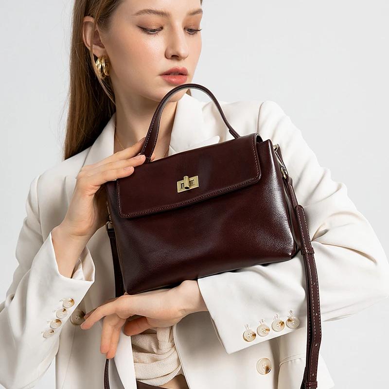 Sac à bandoulière en cuir véritable pour femme, sac à main vintage en cuir huilé, petit sac de luxe