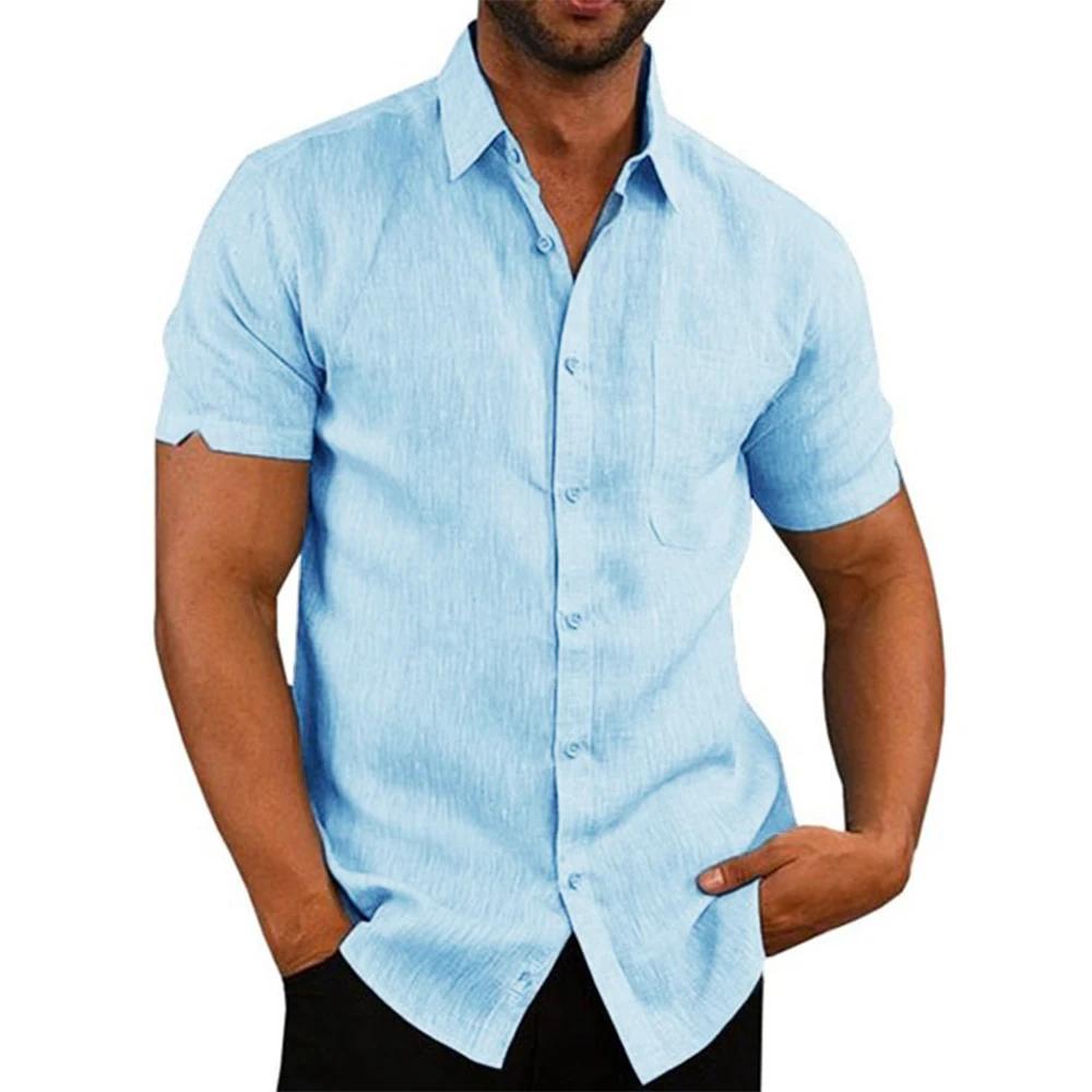 Chemises à manches courtes pour hommes, en coton et lin, couleur unie, col rabattu, décontracté, Sty