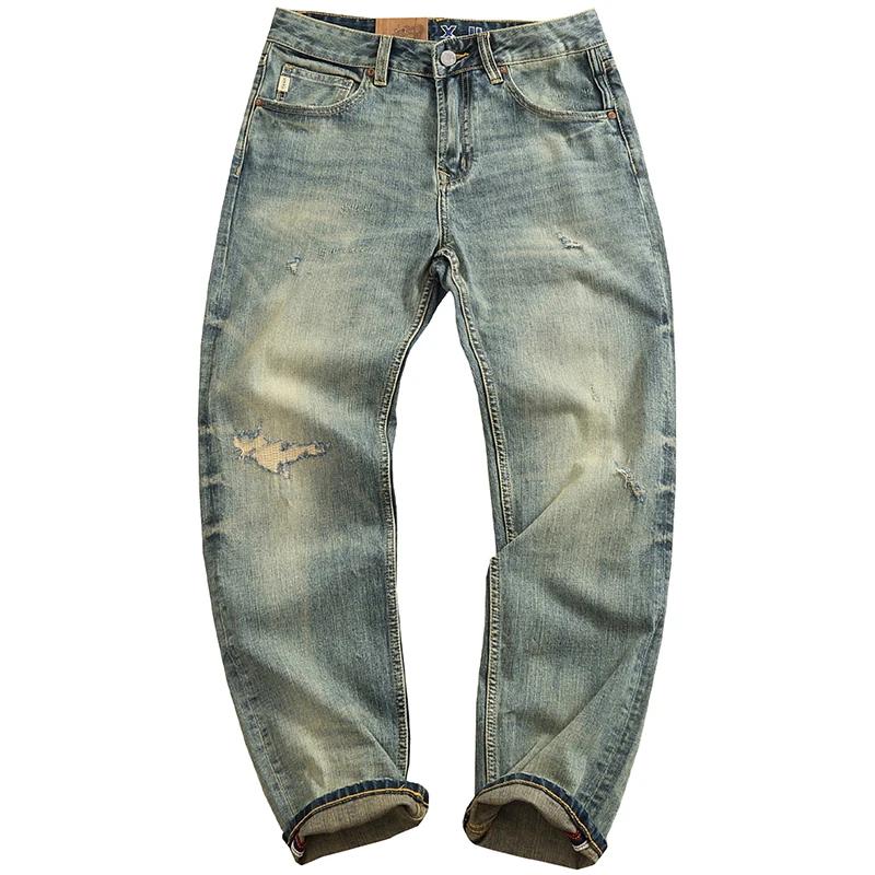 Jean en Denim Patchwork de style rétro américain pour hommes, pantalon droit effilé, extensible, dél