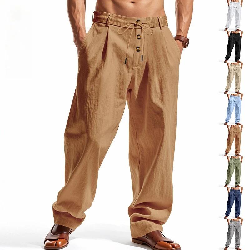 Pantalon large en lin mélangé pour homme, style bohème, taille haute, cordon de serrage, fermeture b