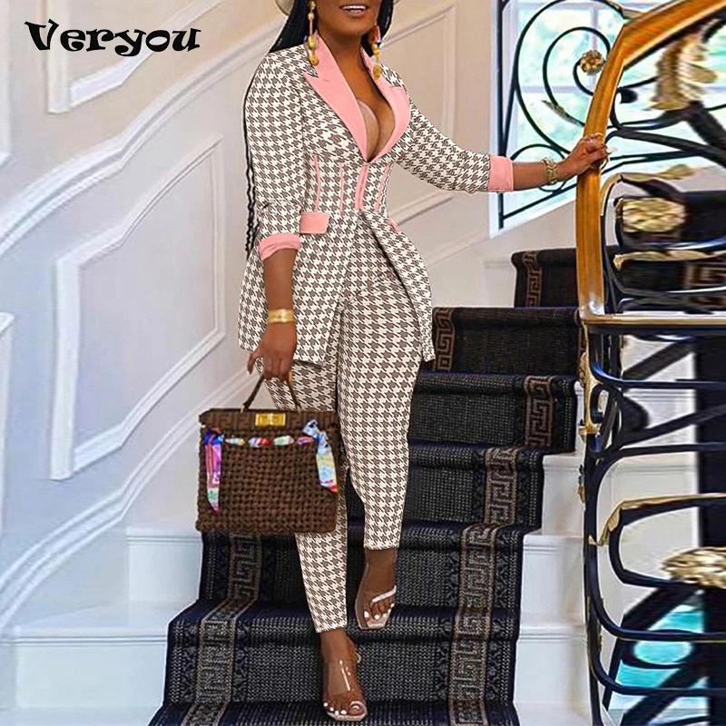 Ensemble 2 pièces imprimé pied-de-poule imbibé pour femme, blazers à poitrine cachée, pantalon crayo