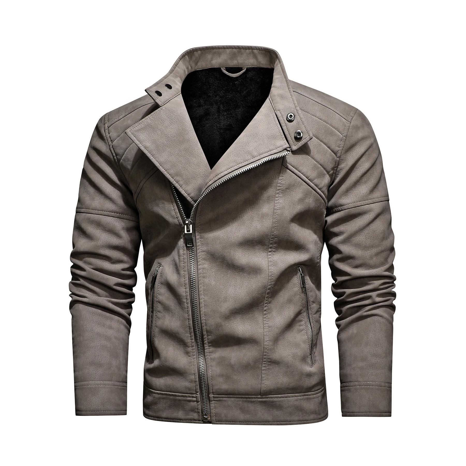 Veste en cuir PU pour hommes, avec polaire, grand revers, fermeture éclair diagonale sur le devant,