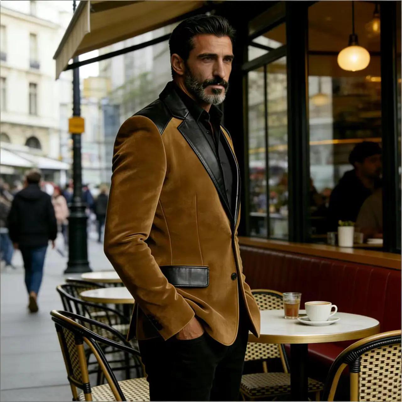 Blazer en velours camel pour homme avec patchwork en cuir, coupe ajustée, veste de smoking formelle