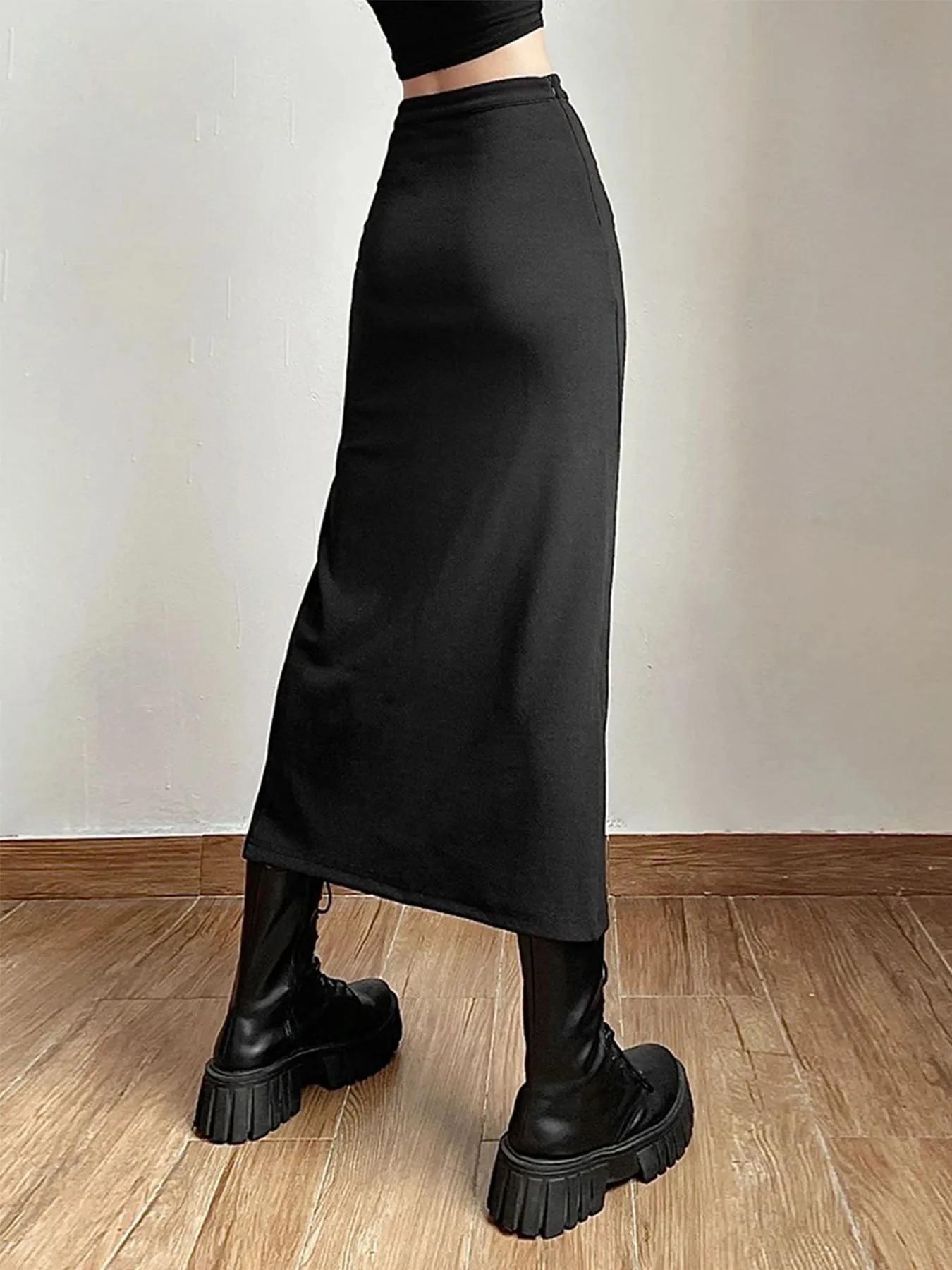 Jupe noire Sexy fendue, Simple, décontractée, assortie avec tout, pour sortie de rue, Cool, Mature,