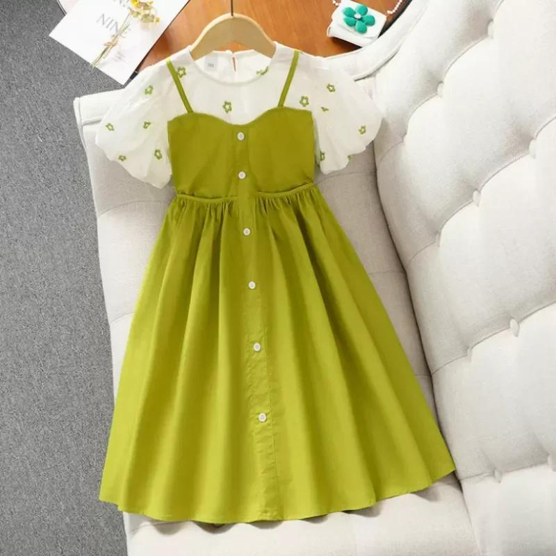 Robe de princesse deux pièces pour filles, vêtements pour enfants, manches à bulles, faux, mode esti