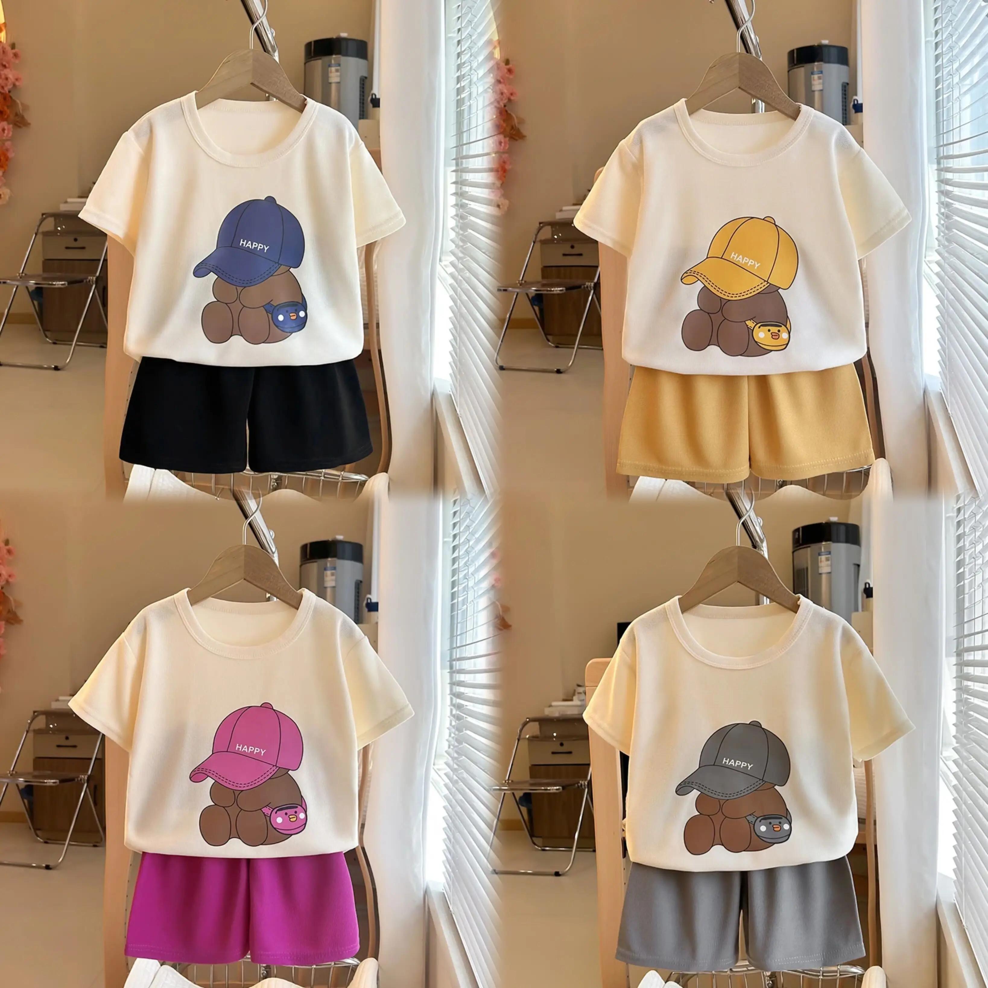 Costumes à manches courtes pour enfants, t-shirts à col rond, shorts pour documents solides, nouveau