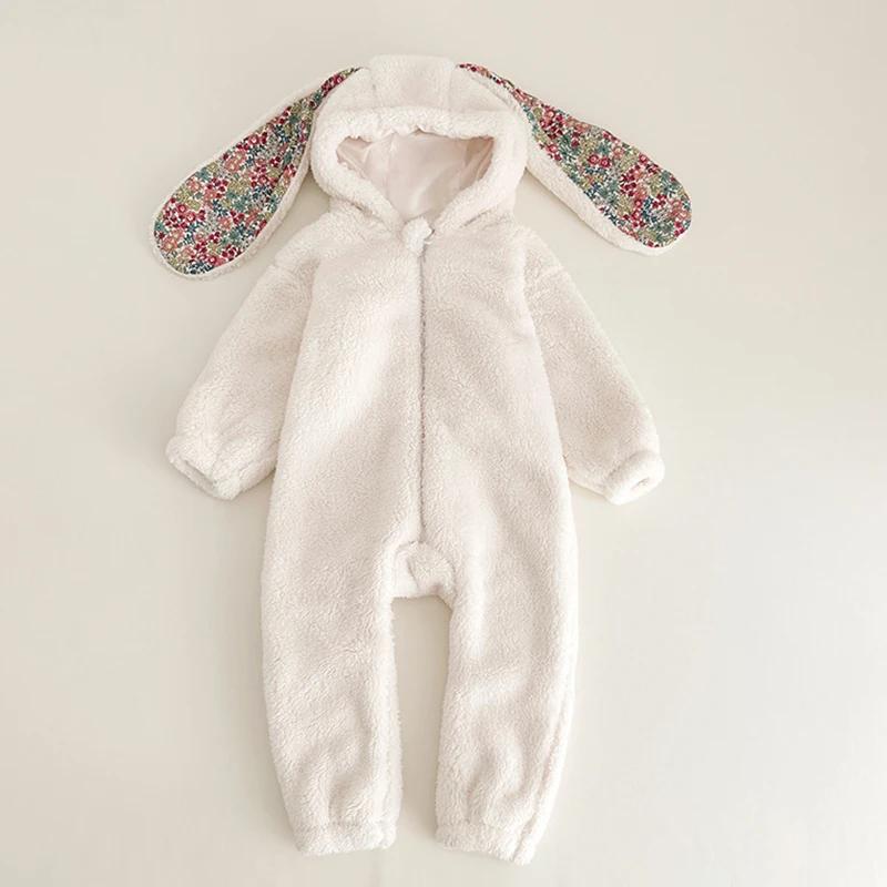Barboteuse printemps bébé unisexe peluche - Combinaison pyjama capuche vêtement maison nouveau-né