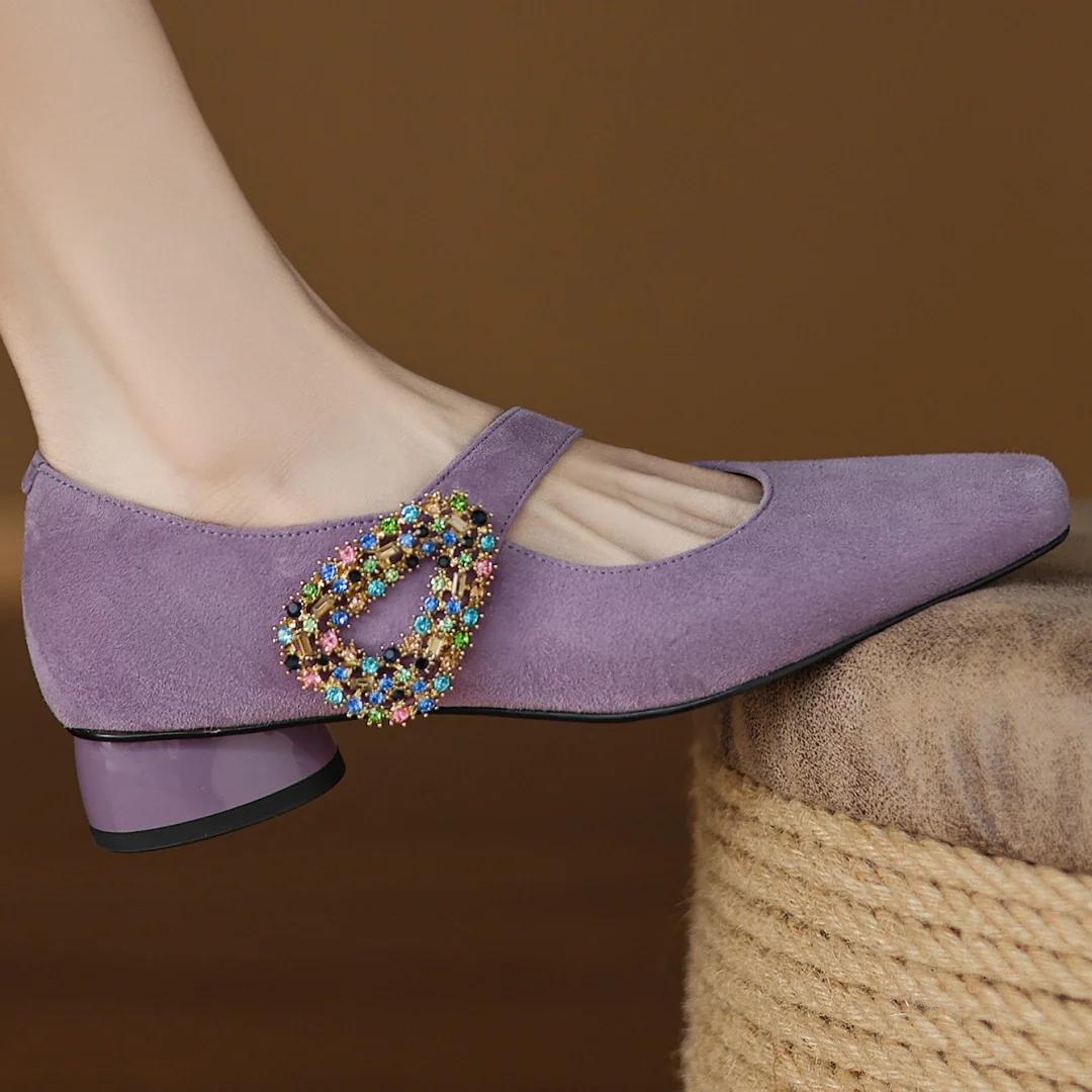 Escarpins Mary Jane à enfiler en cuir suédé naturel pour femmes, boucle en cristal, bout carré, talo