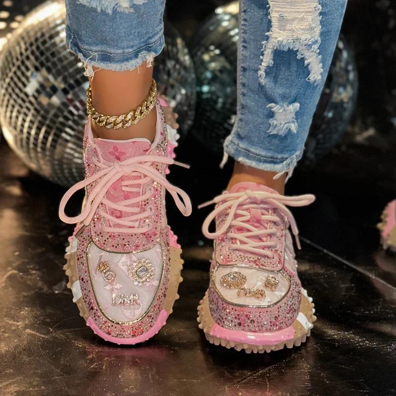 Baskets décontractées pour femmes, chaussures de luxe à strass, nouvelle plateforme d'extérieur, cha