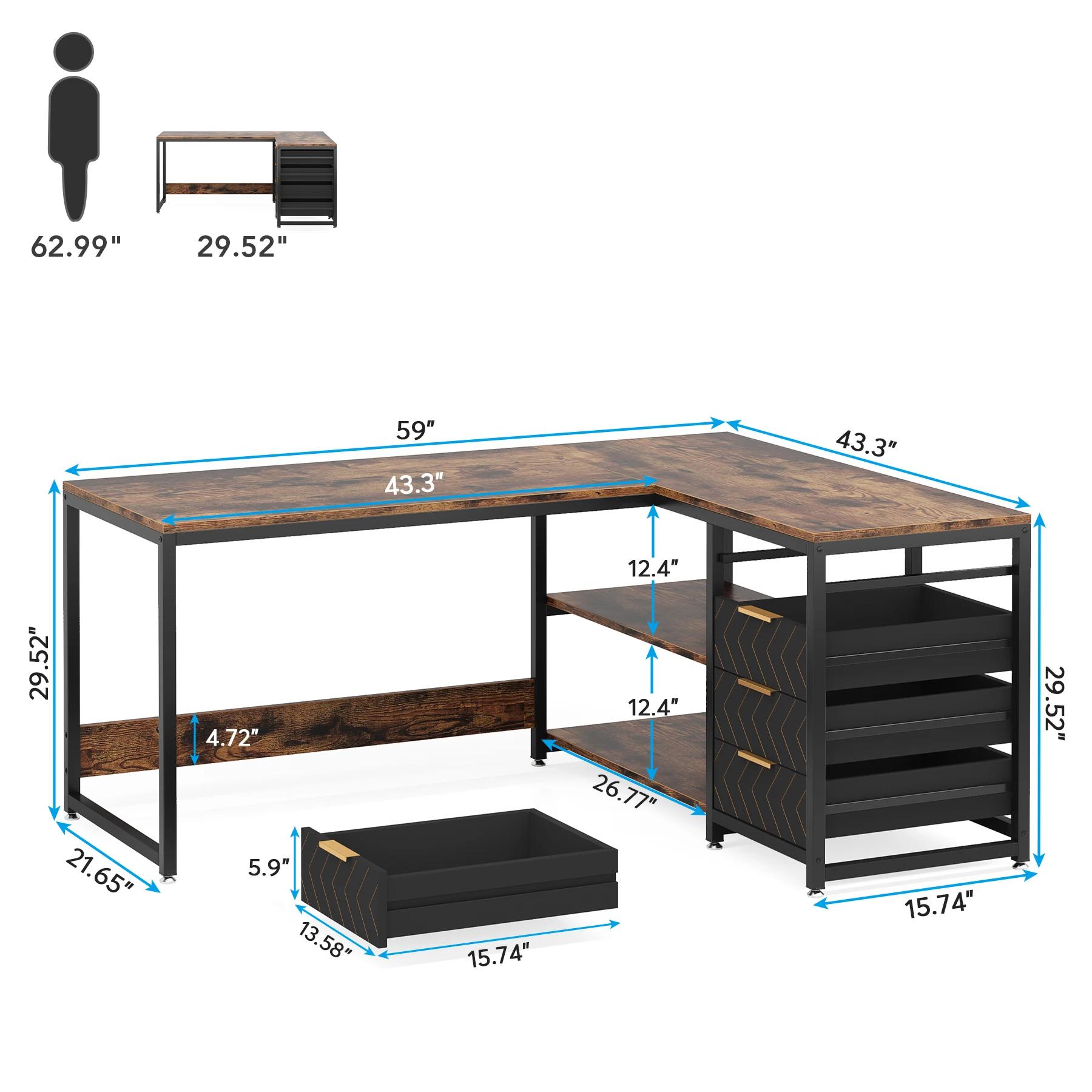 Tribesigns Bureau d'ordinateur en forme de L avec tiroirs de rangement, bureau d'angle de 59 pouces