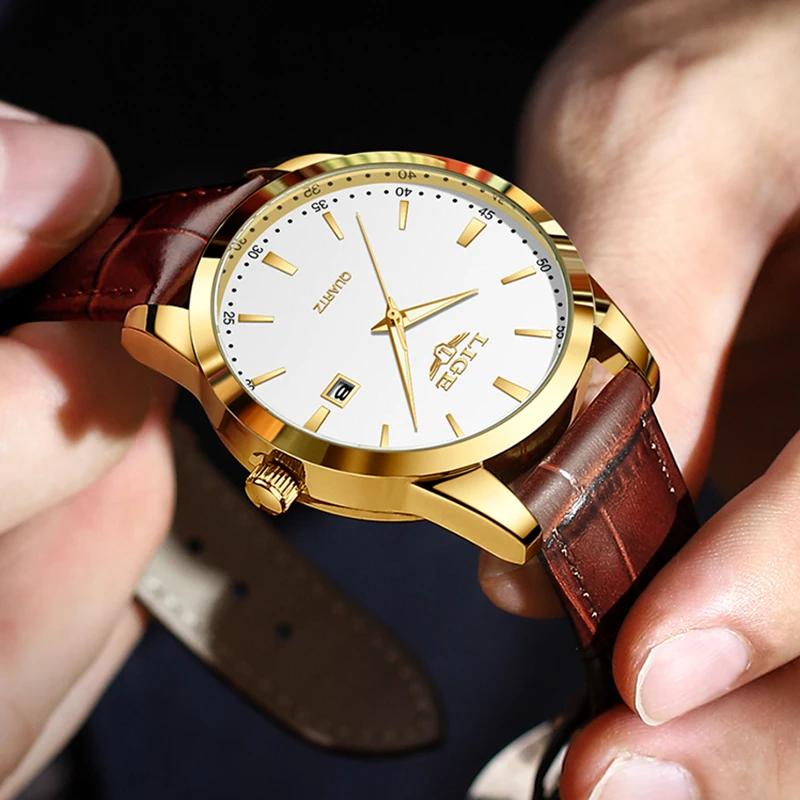 Montre LIGE en cuir marron pour homme, style militaire, sport, quartz, décontractée, étanche, chrono