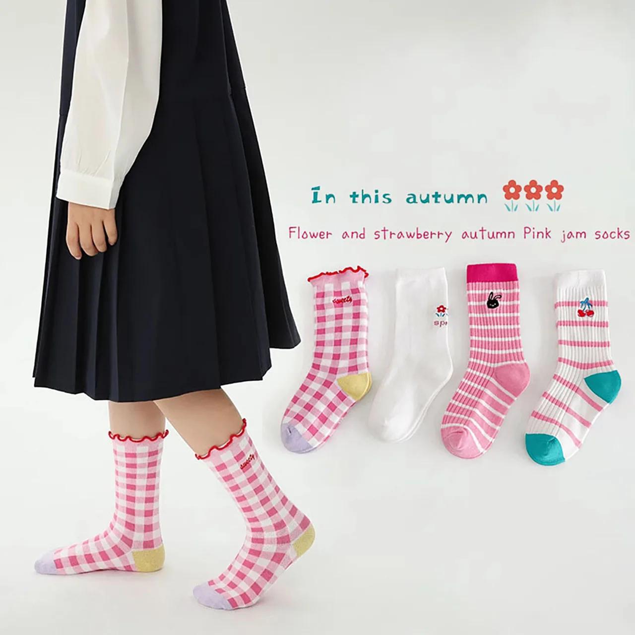 4 paires de chaussettes roses pour filles, chaussettes mi-tube en coton pour enfants, chaussettes co