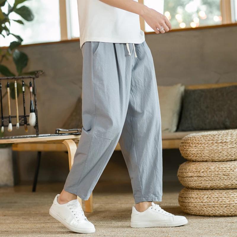 Pantalon homme coton lin mode pantalons décontractés couleur unie respirant short ample pantalon dro