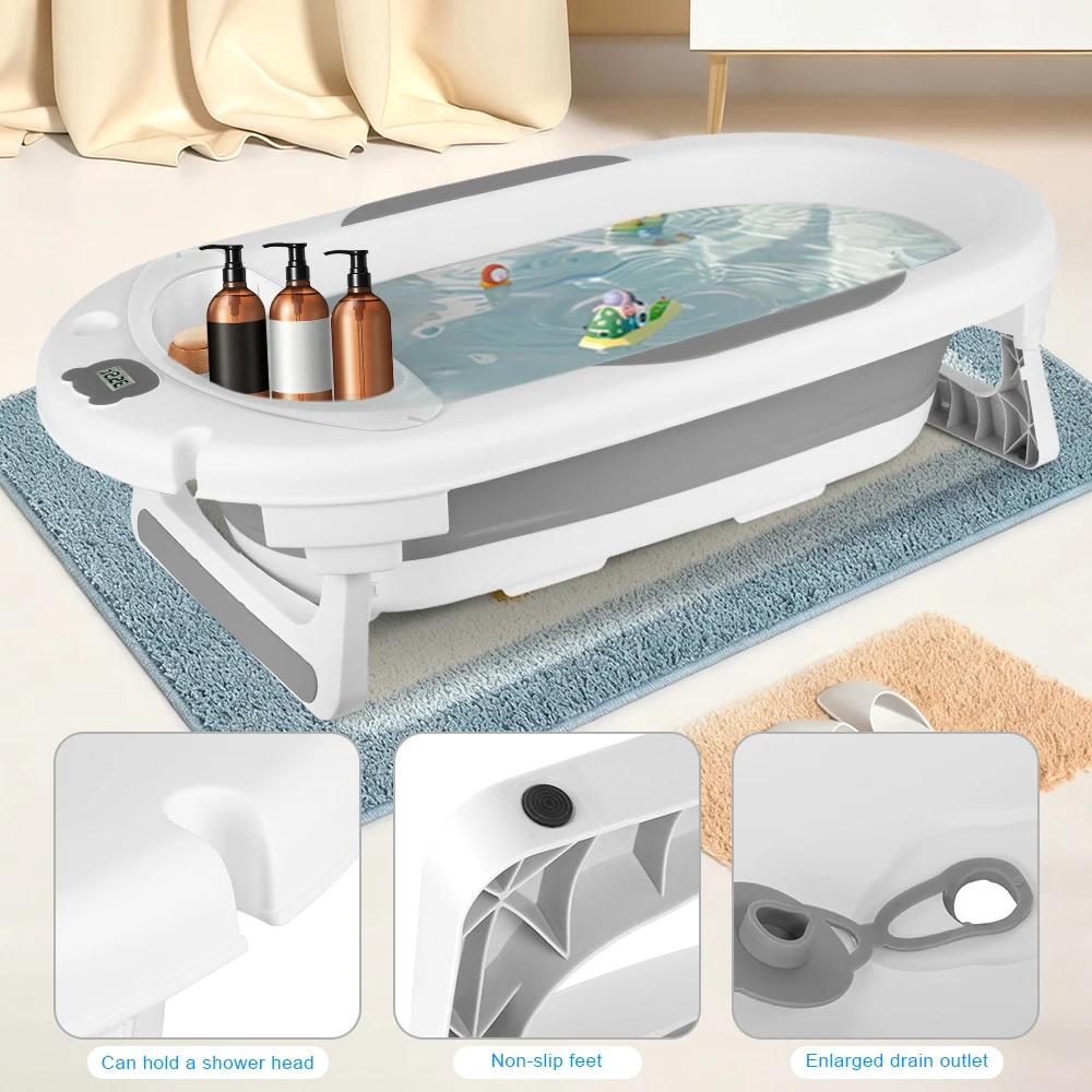 Baignoire Bébé, Design Pliable, Thermomètre Intégré, Coussin de Bain Doux, Pieds Antidérapants, Bouc