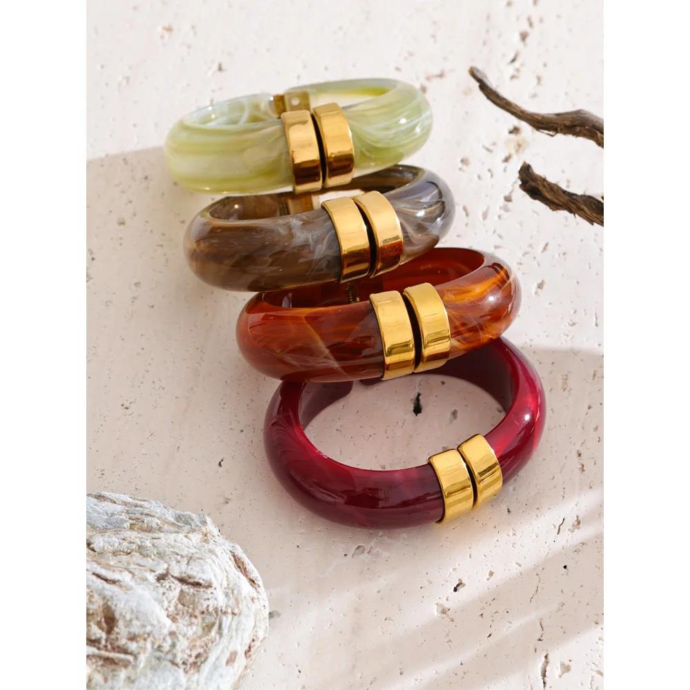 Yhpup 66mm vert rose marron violet acrylique épais Bracelet Bracelet pour femmes en acier inoxydable
