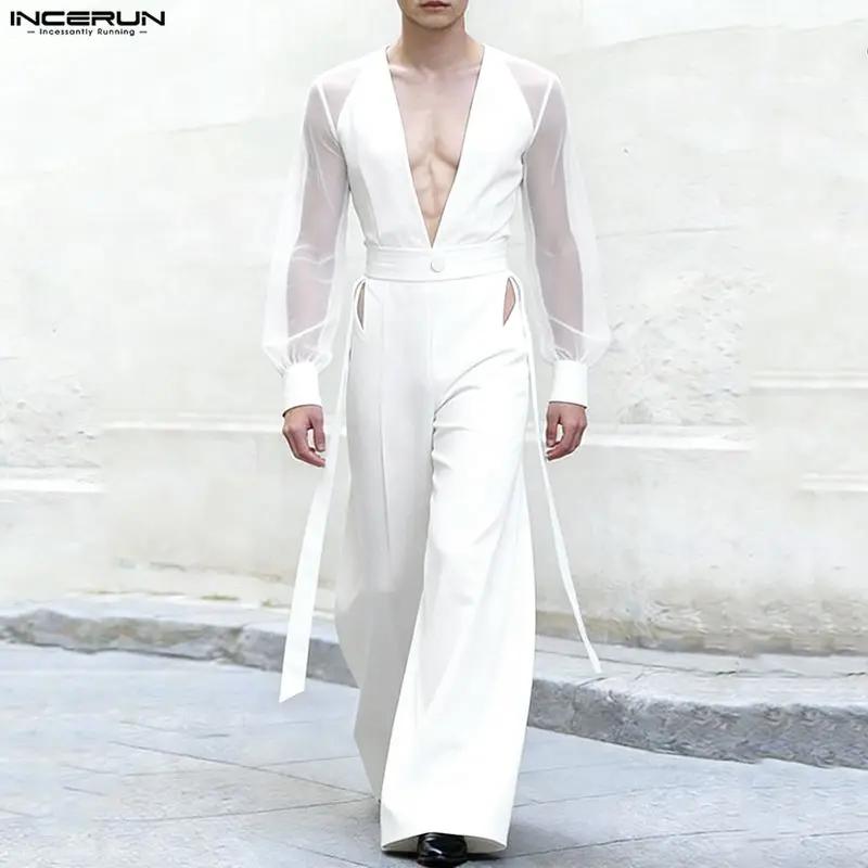 Combinaisons pour hommes INCERUN, style streetwear, à manches longues, col en V, transparentes, avec