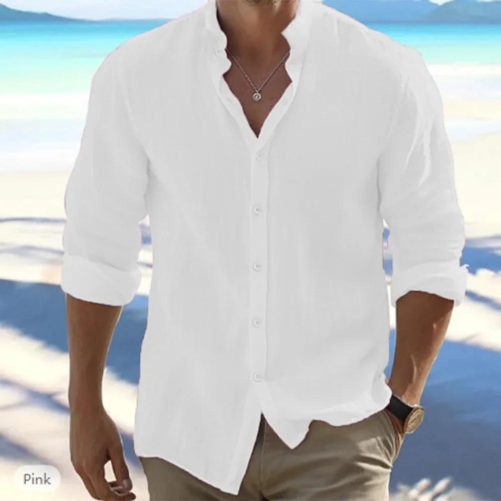 Hommes à manches longues coton lin été offre spéciale plage Style chemises couleur unie décontracté