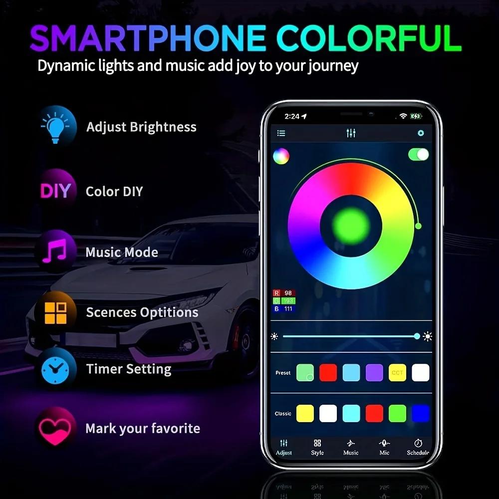 Bande lumineuse LED RGB Flexible pour voiture, 12V, lumière ambiante sous le corps, avec contrôle pa