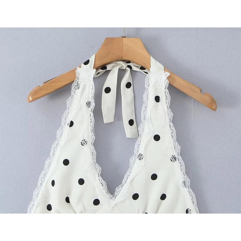 YENKYE dentelle épissé à pois Robe licou femmes élégant a-ligne Mini Sexy dos nu robes Robe d'été 20