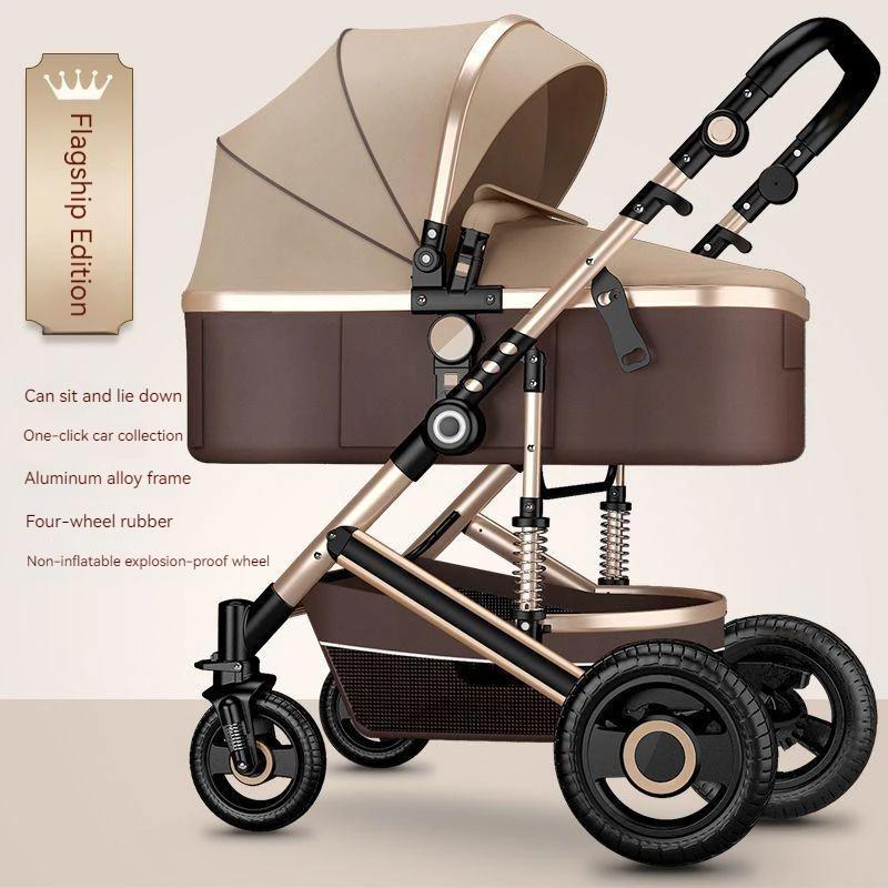Poussette de Luxe Légère 2 en 1 pour Bébé, Voiture Portable, Haute, Réversible, Couleur Or, Landau d
