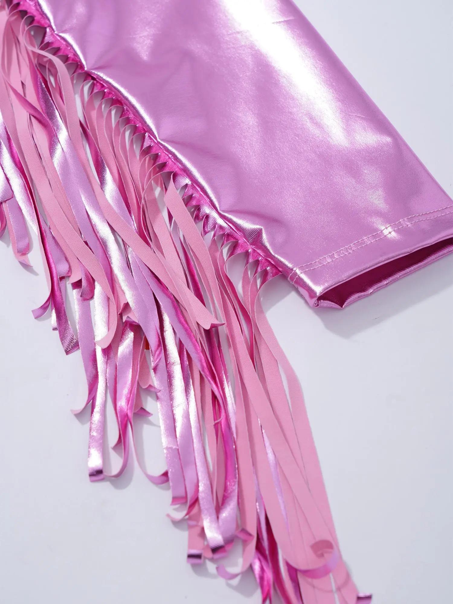 Vestes à pompons pour filles, Streetwear, Costume de danse Jazz métallique, col rabattu, manteaux à