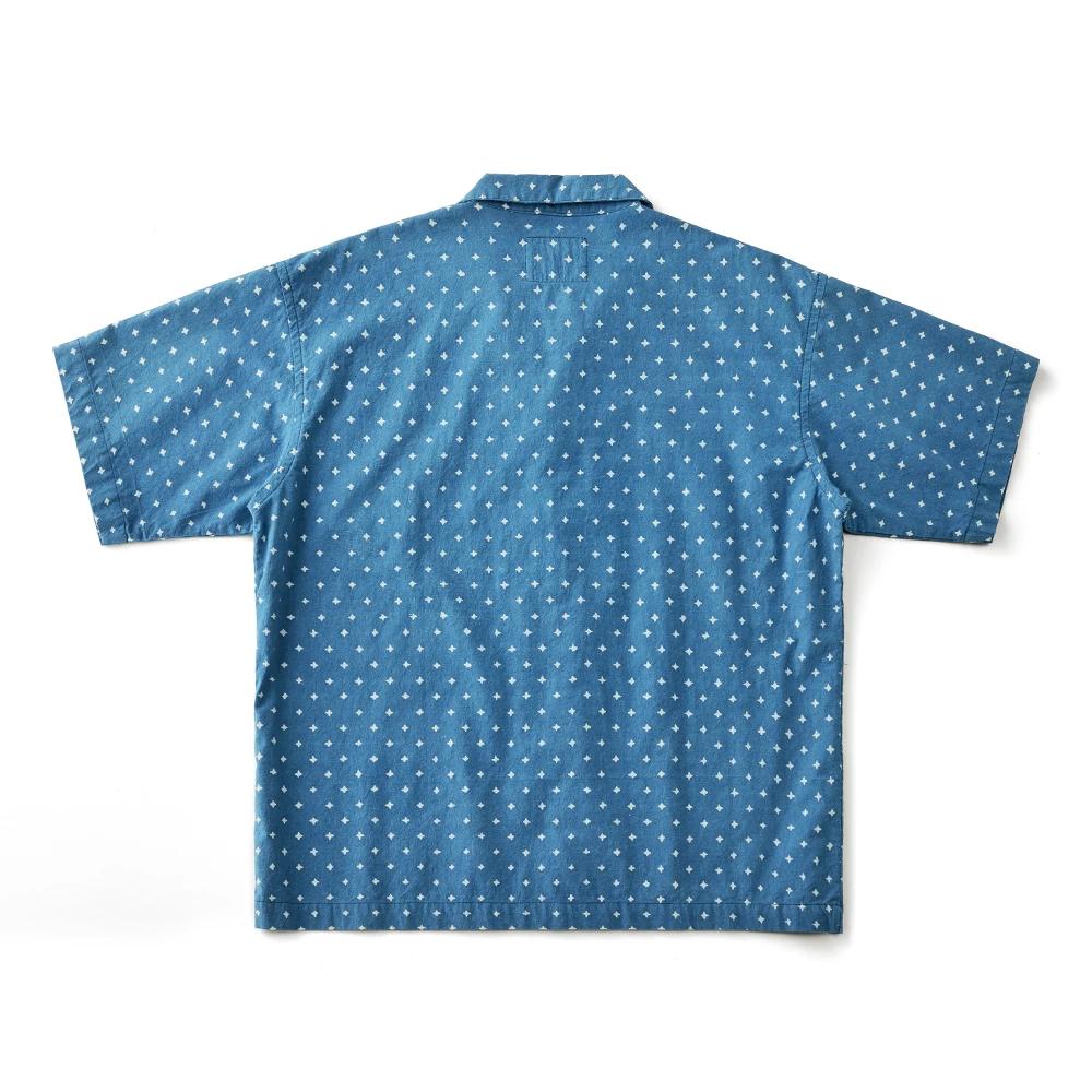 Vintage Indigo imprimé chemise hommes été nouveau bleu teint cubain revers manches courtes simple bo