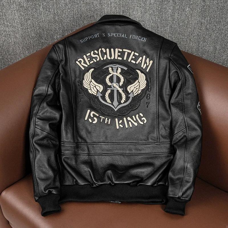 Blouson aviateur en cuir véritable brodé pour hommes, veste Air Force, manteau de moto, vêtements de