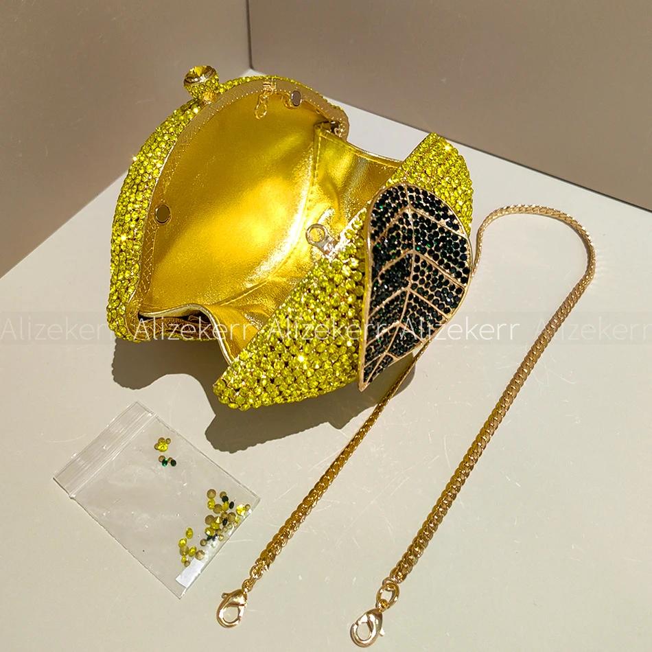 Sacs de soirée Alizekerr en forme de citron pour femmes, élégants sacs à main en métal ornés de stra