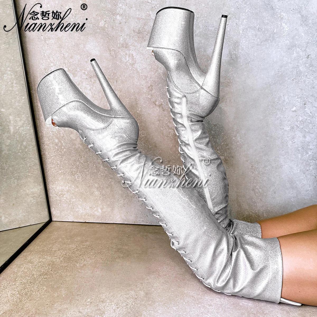 Nouveauté bouledogue français 8 pouces talons hauts fins Peep Toe pôle danse 20 cm sur le genou bott
