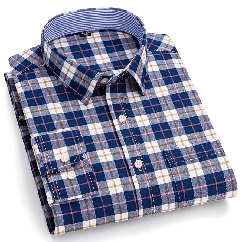 Chemises sociales pour hommes à manches longues 100% pur coton Oxford boutonné Plaid formel mâle vêt
