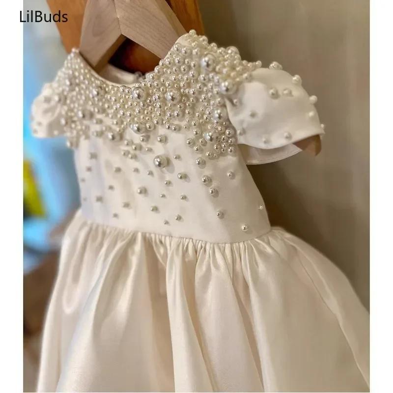 Robe en satin blanc faite à la main pour bébé fille, élégante et mignonne, pour fêtes, mariages, vêt