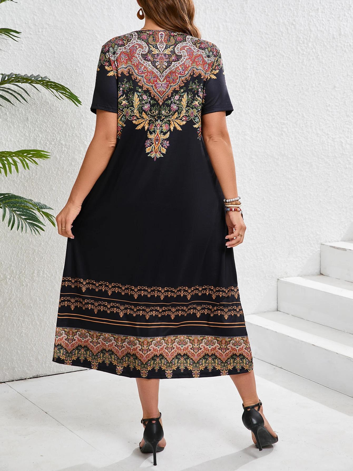 Robe ethnique bohème à imprimé floral, décontractée, vacances, manches courtes, grande taille